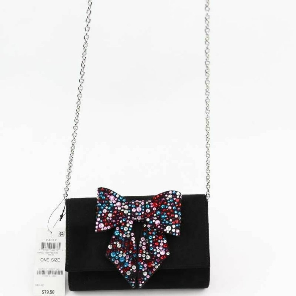 International Concepts Womens Crossbody Bag‎ Black Chain Bow Rhinestone OS New